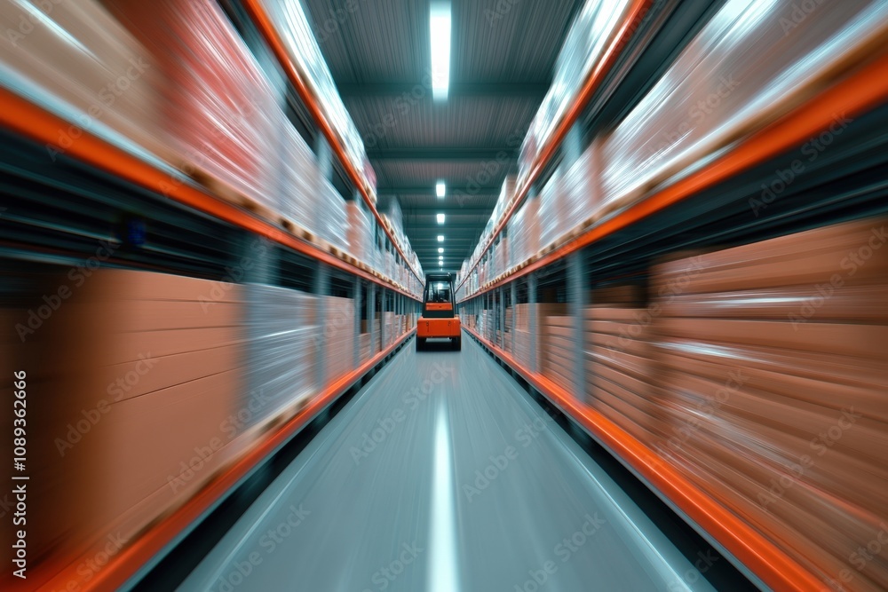 warehouse interior with a forklift moving between shelves filled with boxes warehouse interior with a forklift moving between shelves filled with boxes
