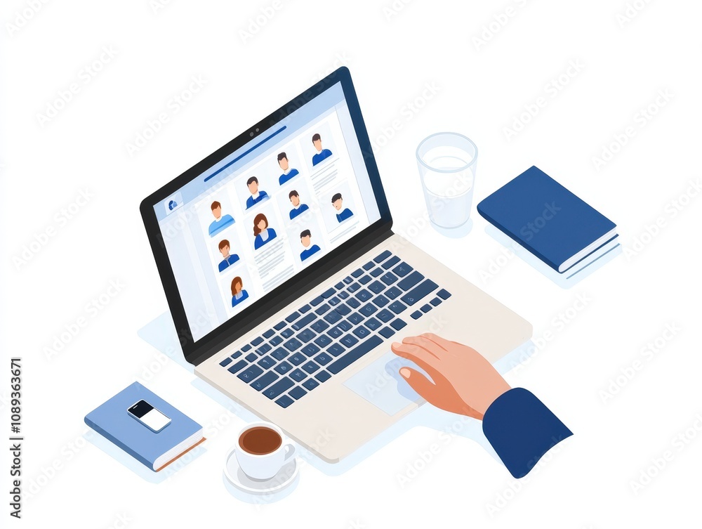 person using laptop with online profiles and workspace items person using laptop with online profiles and workspace items