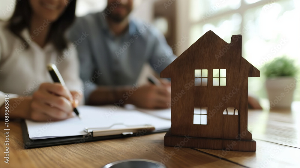 House miniature on a desk with a couple signing a contract. House miniature on a desk with a couple signing a contract.