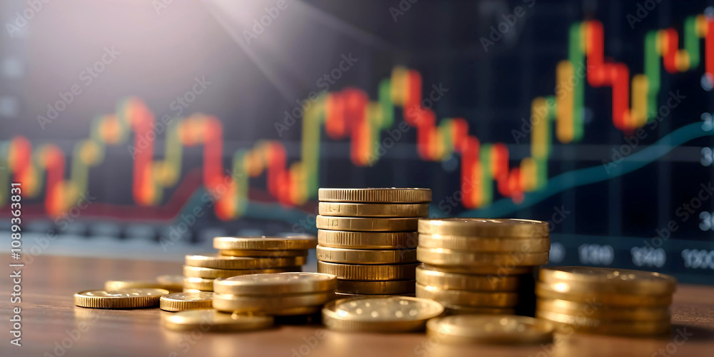 Stacks of crypto gold coins with computer screen displaying a stock market chart with candlestick patterns and trading indicators, suggesting an analysis of financial data Stacks of crypto gold coins with computer screen displaying a stock market chart with candlestick patterns and trading indicators, suggesting an analysis of financial data