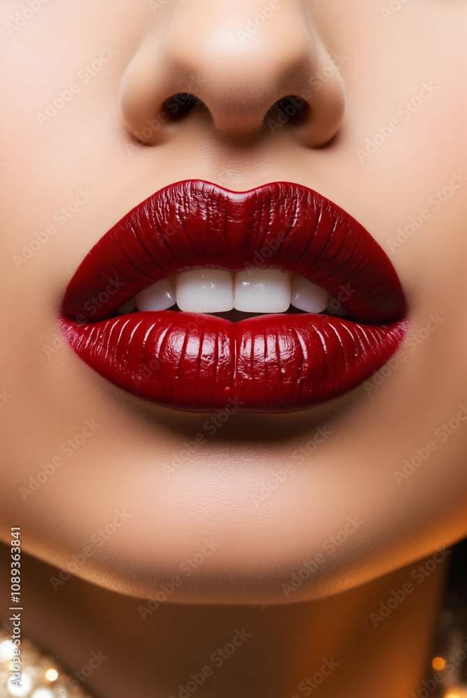 Fototapeta premium Close-Up of Glossy Red Lips with Defined Contours and Soft Skin Texture