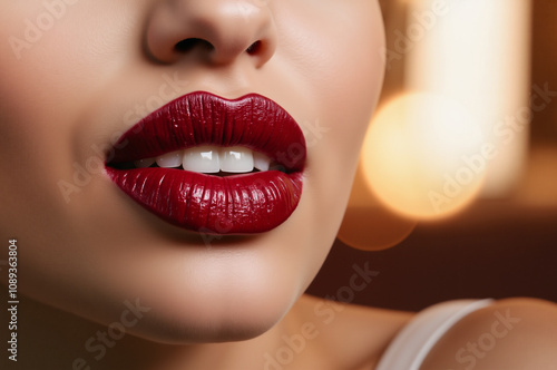 Close-Up of Beautiful Lips with Bold Burgundy Lipstick and Glossy Finish photo