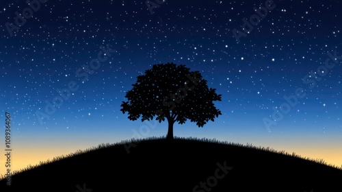 A lone tree stands on a hilltop, silhouetted against a star-filled night sky, with a hint of dawn in the distance.