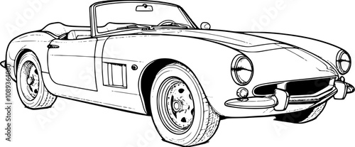 Abstract retro sports car in black and white ink drawing style, adult coloring book