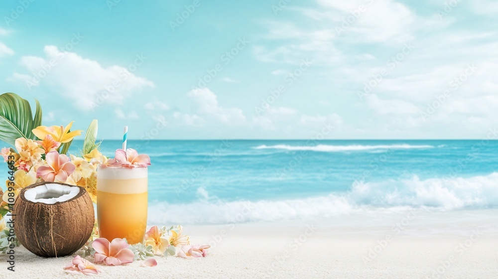 Vibrant Tropical Beach Oasis with Floral Cocktail Offering Refreshment and Serenity Vibrant Tropical Beach Oasis with Floral Cocktail Offering Refreshment and Serenity