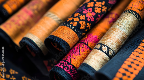 Close Inspection of Stunning Ornamental Patterns on Exquisite Cultural Textiles Highlighting Artistic Identity. photo