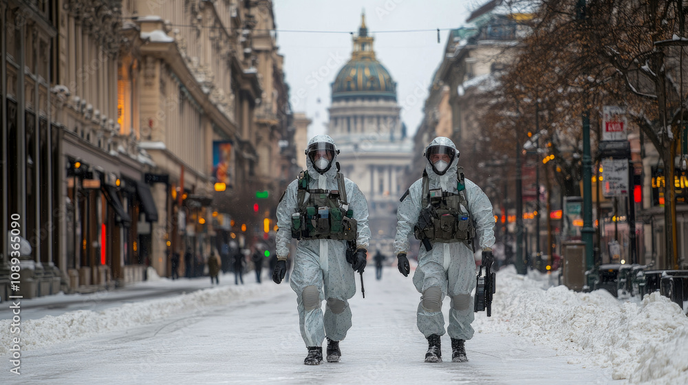 Obraz premium Two soldiers in winter gear walk down a snow-filled street near an iconic government building, showcasing a winter military presence