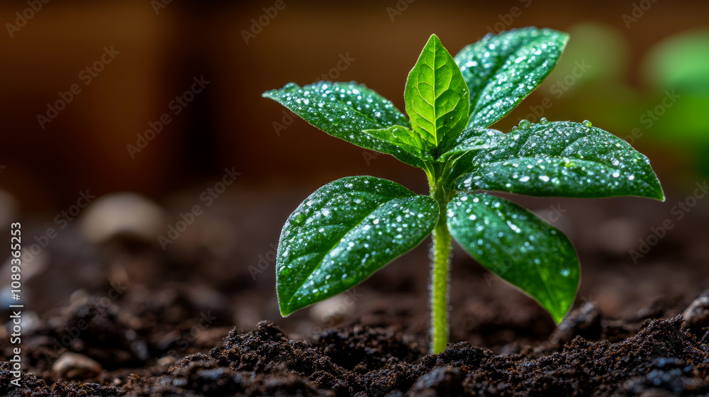 A vibrant green plant with fresh droplets sits in dark soil, symbolizing growth and renewal in a garden during the spring season A vibrant green plant with fresh droplets sits in dark soil, symbolizing growth and renewal in a garden during the spring season