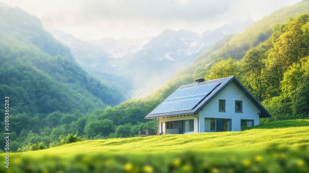 Eco-smart home surrounded by mountains and lush valley in soft sunlight Eco-smart home surrounded by mountains and lush valley in soft sunlight