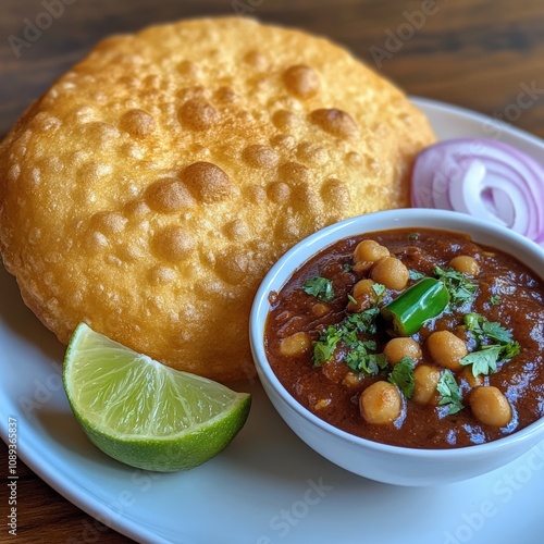 delicious traditional dish with fried bread and spicy chickpea curry photo