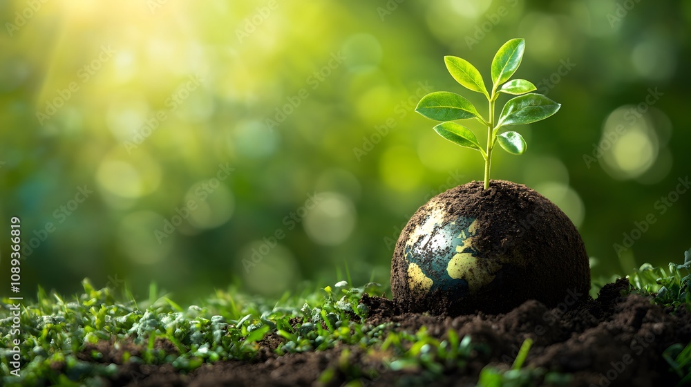 Vibrant earth with a young plant emerging, set against a green nature background, representing growth. Vibrant earth with a young plant emerging, set against a green nature background, representing growth.