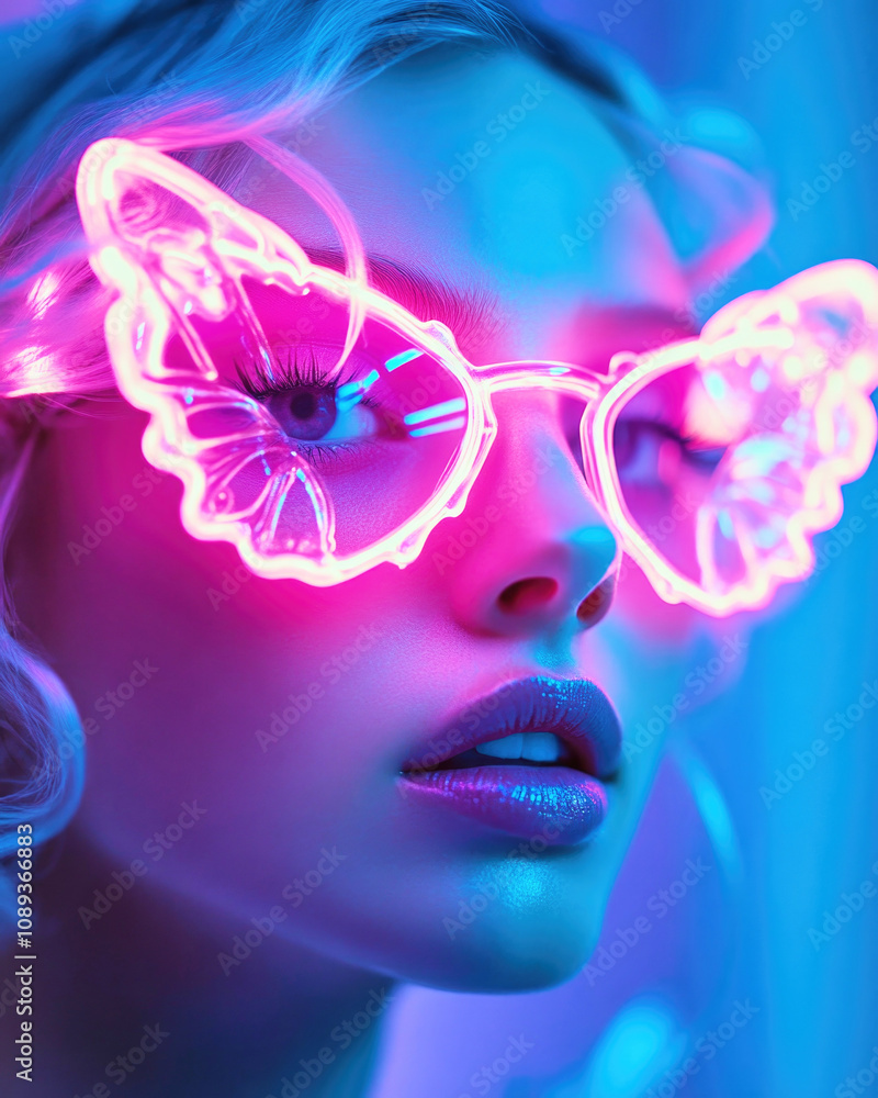 High-fashion close-up portrait with neon pink butterfly glasses at dusk High-fashion close-up portrait with neon pink butterfly glasses at dusk