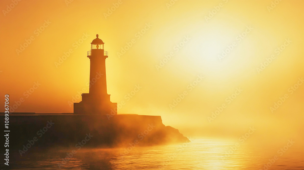 Lighthouse silhouette on a misty shore at dawn with golden light breaking through the haze Lighthouse silhouette on a misty shore at dawn with golden light breaking through the haze