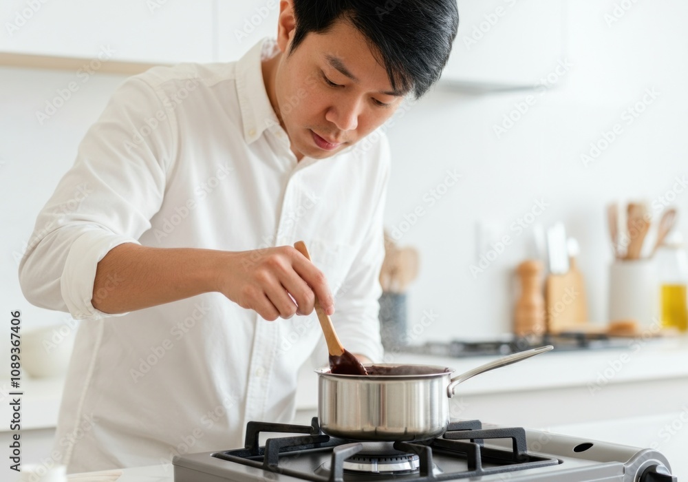 Asian man cooking in modern kitchen: focused home chef stirring pot on stove Asian man cooking in modern kitchen: focused home chef stirring pot on stove