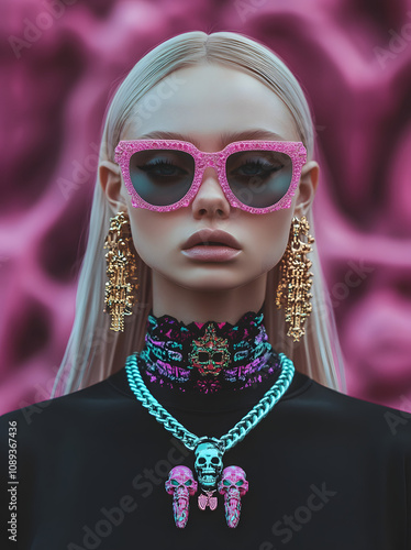 Futuristic Portrait of a Woman in Glitter Sunglasses and Bold Accessories