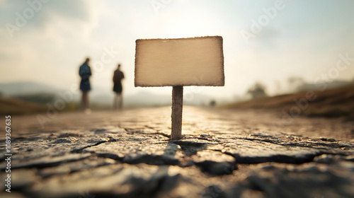 A blank signpost stands on a cracked road, with two silhouetted figures in the background, creating a sense of mystery and exploration. photo