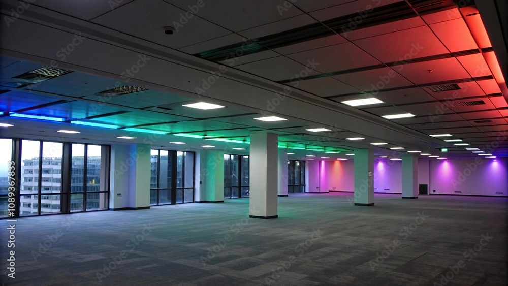 Obraz premium Dark and empty office space with colorful lighting, edgy ambiance, contemporary style, neon accents