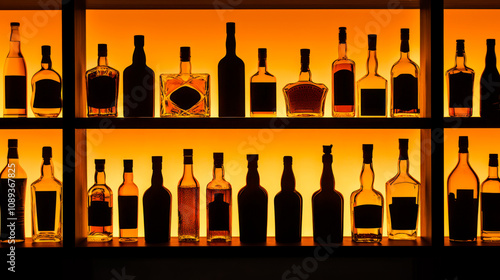 A lot of alcohol bottles on shelves in a bar, amber yellow lighting