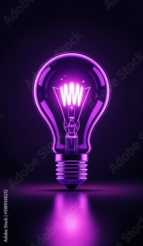 Purple holographic glowing lightbulb with copy space.
