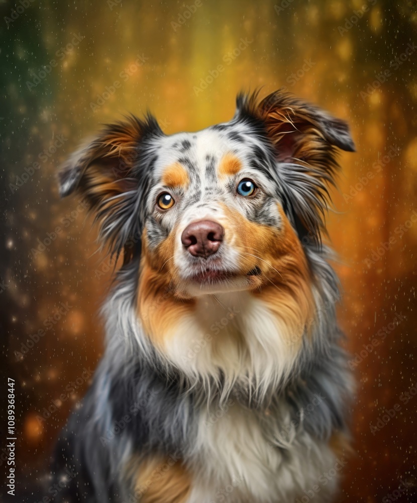 A merle tri-color Australian Shepherd with one blue and one brown eye, stands poised against a brownish bokeh background. Great portrait of purebred dog. A merle tri-color Australian Shepherd with one blue and one brown eye, stands poised against a brownish bokeh background. Great portrait of purebred dog.