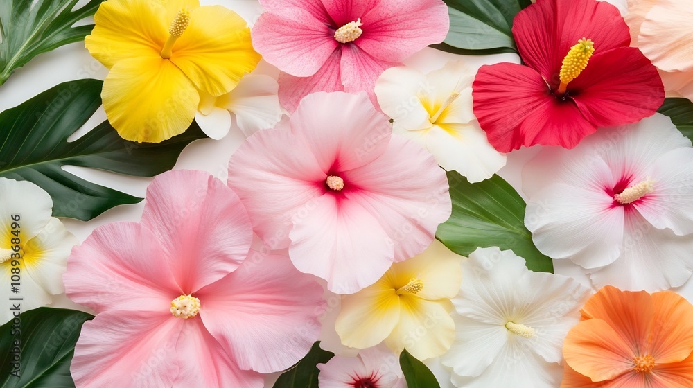 Vibrant Tropical Floral Arrangement with Overlapping Leaves and Blooms Vibrant Tropical Floral Arrangement with Overlapping Leaves and Blooms