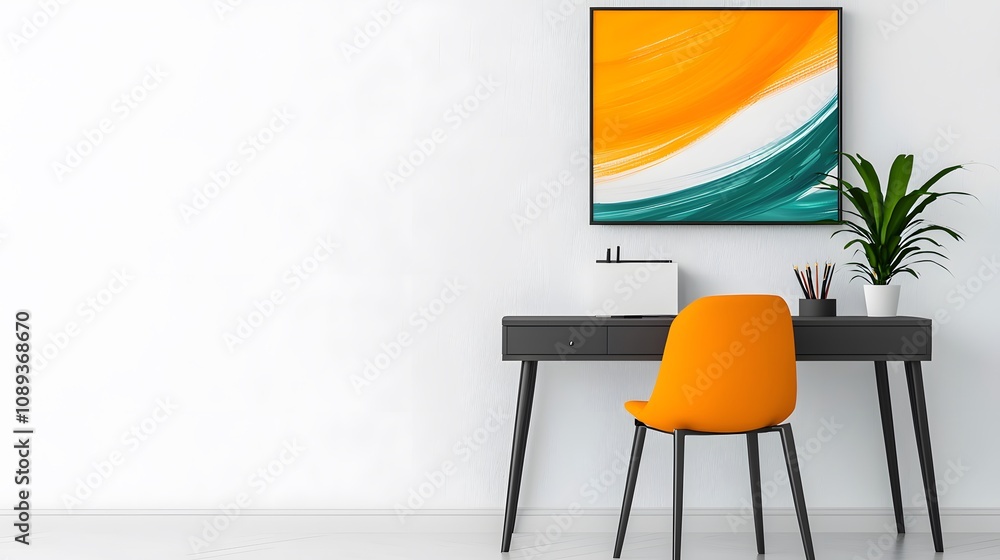 A minimalist desk setup with a single large painting of swirling colors above, leaving a clean area for text overlay. A minimalist desk setup with a single large painting of swirling colors above, leaving a clean area for text overlay.