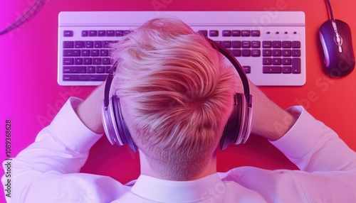 Call center professional working at a computer desk with a headset dynamic lighting capturing attention and dedication to customer care photo