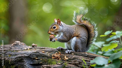 A humorous shot of a cute Grey Squirrel (Sciurus carolinensis) with an acorn in its mouth sitting on a log in woodland.