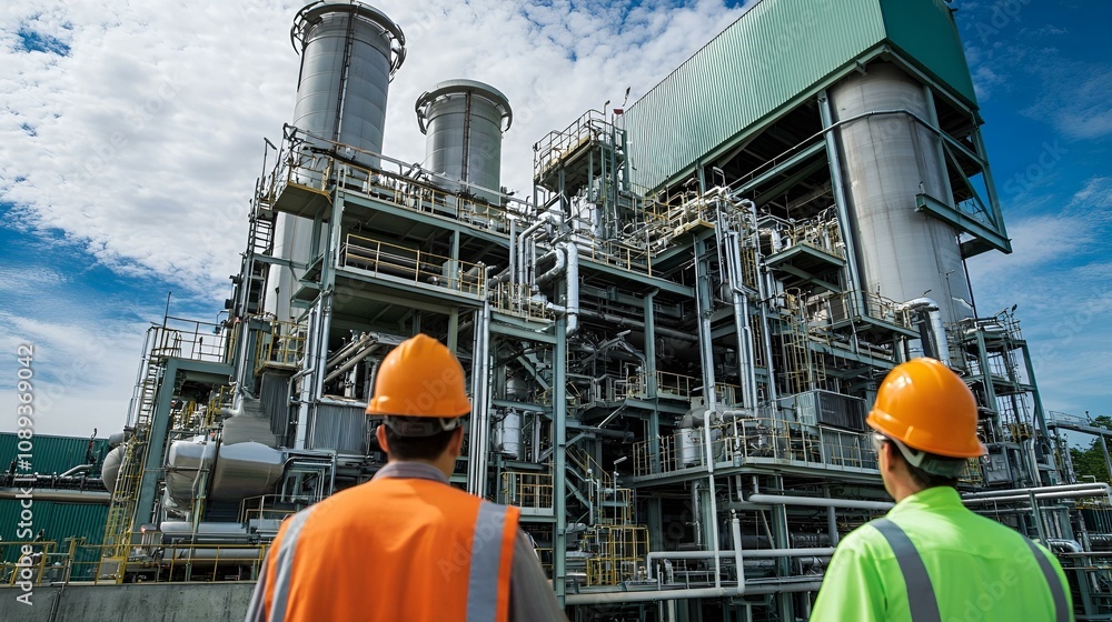 Industrial workers operate heavy machinery amidst towering refinery structures against a vast sky Industrial workers operate heavy machinery amidst towering refinery structures against a vast sky