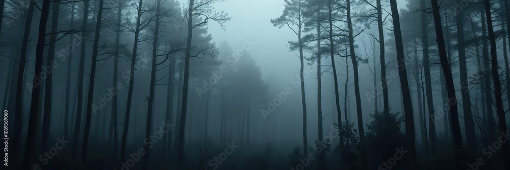 Fototapeta premium Dark forest landscape with misty atmosphere and tall trees, mist, foliage