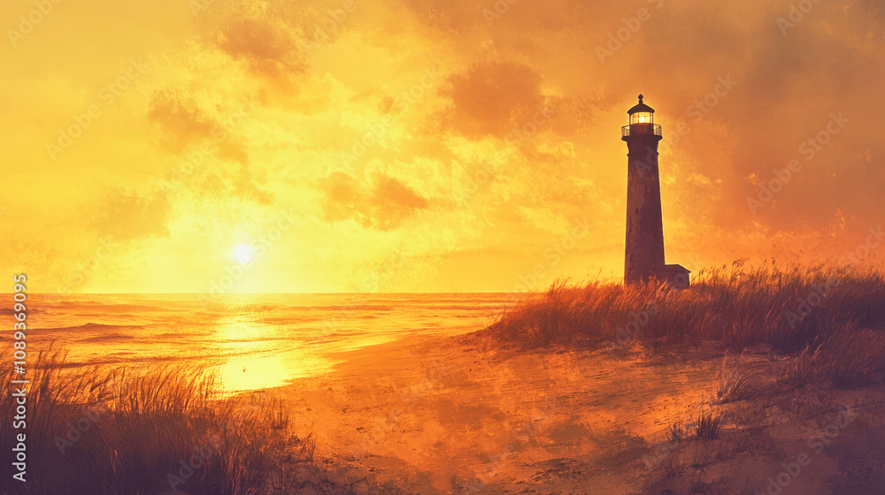 Silhouette of a lighthouse at sunset over a peaceful sandy ocean shore Silhouette of a lighthouse at sunset over a peaceful sandy ocean shore