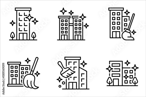 Office cleaning linear icon set. Apartment cleaning service. vector illustration on white background