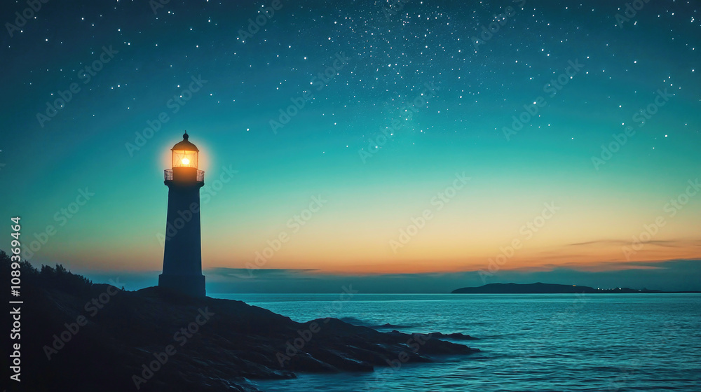 Lighthouse silhouette standing tall against a tranquil ocean at twilight with a starry sky Lighthouse silhouette standing tall against a tranquil ocean at twilight with a starry sky