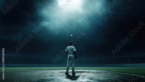 Solitary Baseball Player Under Rain at Night photo