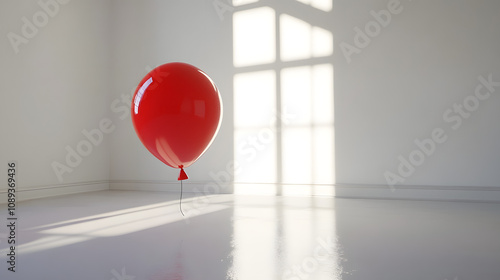 A Playful Red Balloon Whimsically Twirling in the Quiet Emptiness of a Bright White Room. photo