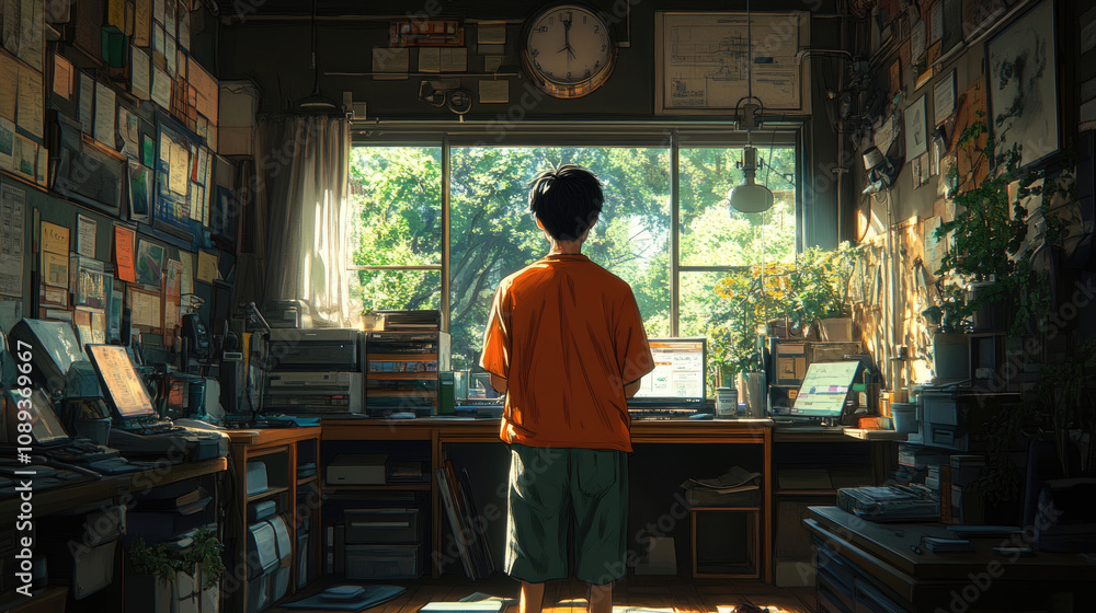 A child stands in a cluttered room, gazing out at a lush garden filled with sunlight, lost in thoughts amidst books and screens A child stands in a cluttered room, gazing out at a lush garden filled with sunlight, lost in thoughts amidst books and screens