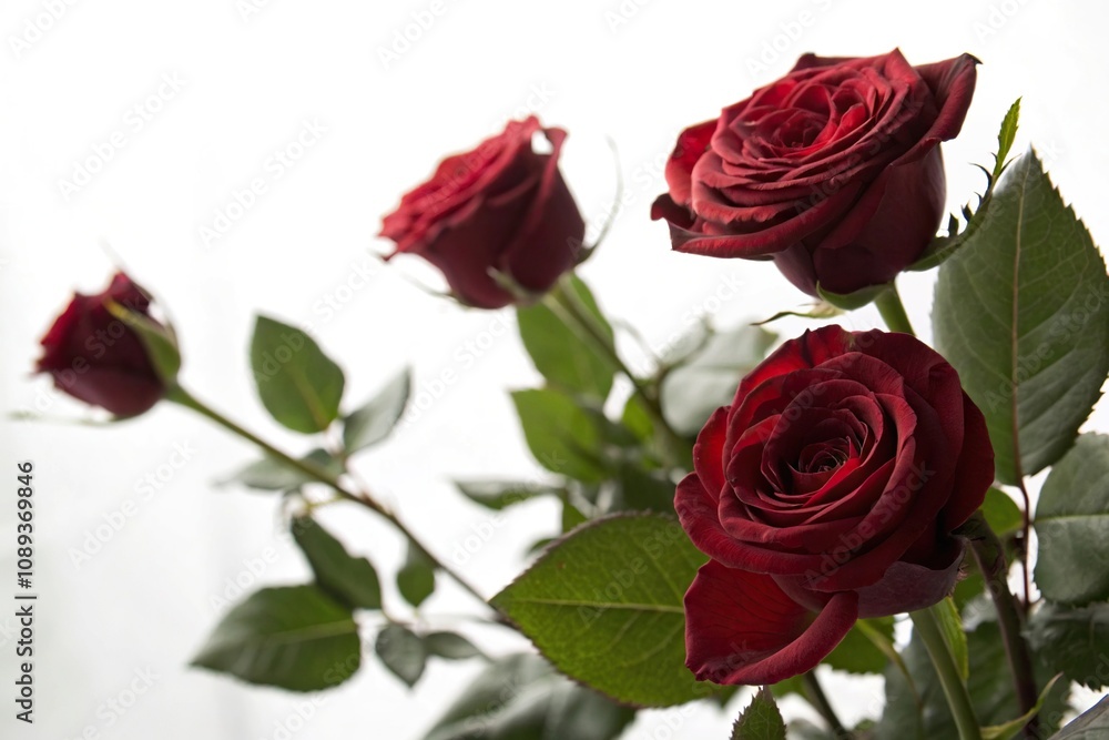 Dark red roses with green leaves against a bright white background with a soft focus effect, peaceful scene, soft focus dark red roses, elegant flowers Dark red roses with green leaves against a bright white background with a soft focus effect, peaceful scene, soft focus dark red roses, elegant flowers