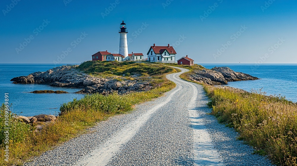 small island, lighthouse and small buildings next to it, gravel road between the lighthouse and houses, clear blue sky and ocean around the island. generative ai small island, lighthouse and small buildings next to it, gravel road between the lighthouse and houses, clear blue sky and ocean around the island. generative ai