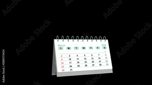 animated desk calendar for 2025 year with holidays. animation footage video isolated on alpha channel(transparent) background.