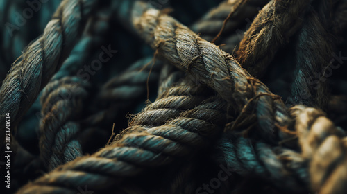 Close up of a tangled pile of thick ropes. A tangled mess of assorted ropes 