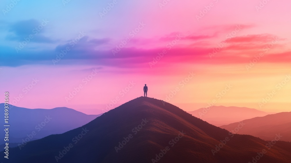 a person standing on a mountain peak during a colorful sunset a person standing on a mountain peak during a colorful sunset