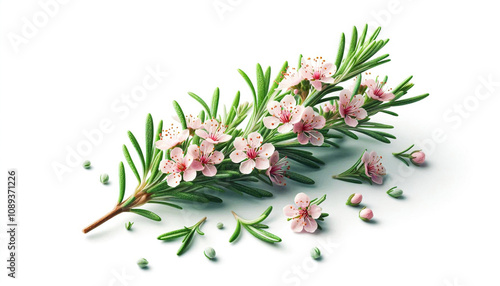 fresh organic herbs rosemary with flower in white background, copy space