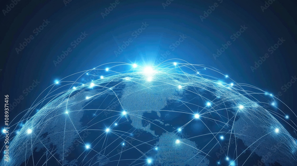 Abstract network connections over a blue earth, showcasing the spread of data in a global digital world. Abstract network connections over a blue earth, showcasing the spread of data in a global digital world.