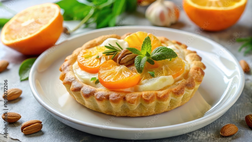 A Delectable Pastry Filled with Creamy Goodness, Adorned with Slices of Citrus, Fresh Mint, and a Hint of Rosemary A Delectable Pastry Filled with Creamy Goodness, Adorned with Slices of Citrus, Fresh Mint, and a Hint of Rosemary