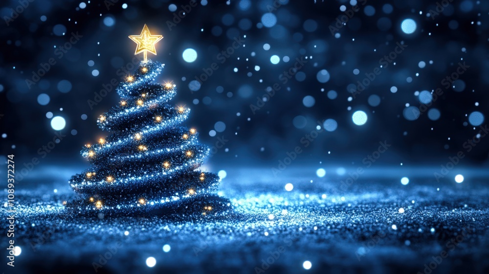 Sparkling Blue Christmas Tree with Star on a Festive Winter Night Sparkling Blue Christmas Tree with Star on a Festive Winter Night