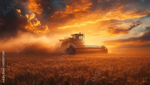 Wallpaper Mural Golden Harvest: A Combine Harvester at Sunset Torontodigital.ca