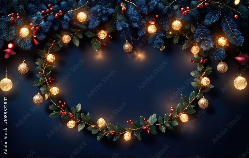 A Festive Christmas Wreath of Enchanting Lights and Ornaments: A Dark Blue Holiday Background A Festive Christmas Wreath of Enchanting Lights and Ornaments: A Dark Blue Holiday Background