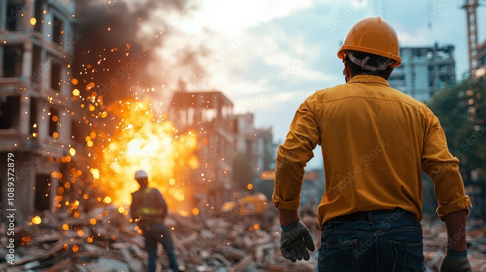 Construction accident scene urban setting action image industrial environment dramatic view safety concept Construction accident scene urban setting action image industrial environment dramatic view safety concept
