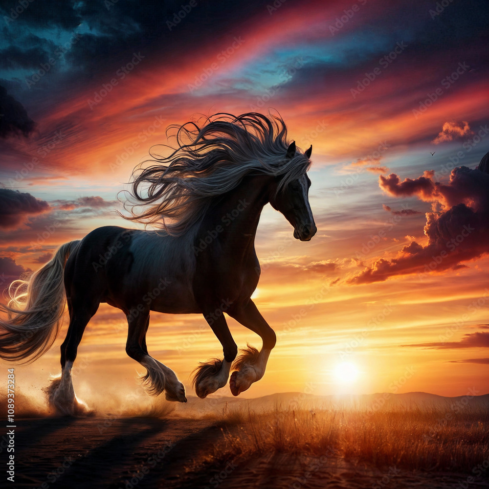 Silhouette of a horse against a red sunset. Horse silhouette illustration. Silhouette of a horse against a red sunset. Horse silhouette illustration.