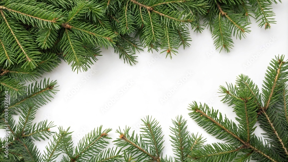 Dense fir branches with green needles scattered on a white background, Christmas ambiance, snowy, bare Dense fir branches with green needles scattered on a white background, Christmas ambiance, snowy, bare